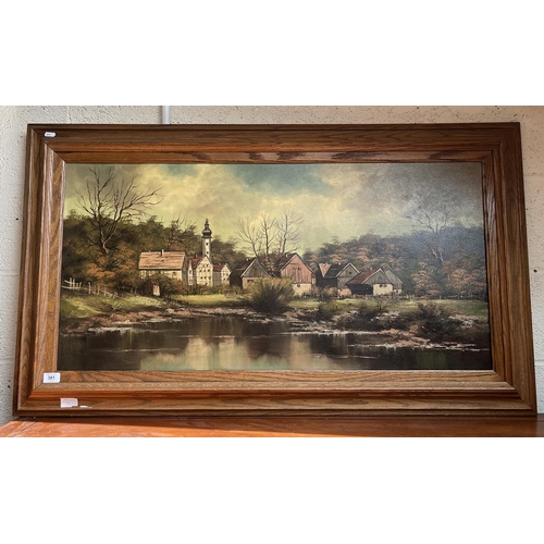 381 - Oil on canvas German village scene - Approx image size: 99cm x 49cm