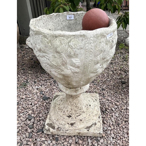 431 - Stone pedestal planter - Approx height: 62cm and terra cotta finial
