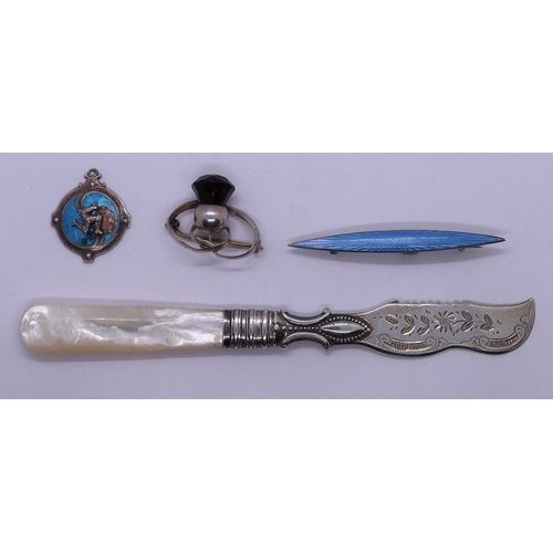 68 - 2 silver machine enamelled brooches together with a silver thistle brooch and knife
