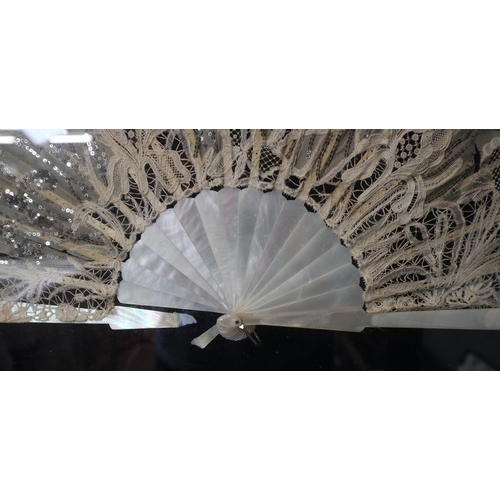 133 - Framed antique mother-of-pearl and lace work fan - Approx size: 66cm x 44cm