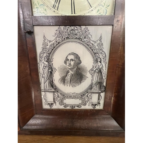 287 - American 1850's Waterbury 8 day Ogee mantle wall clock with reverse painted George Washington