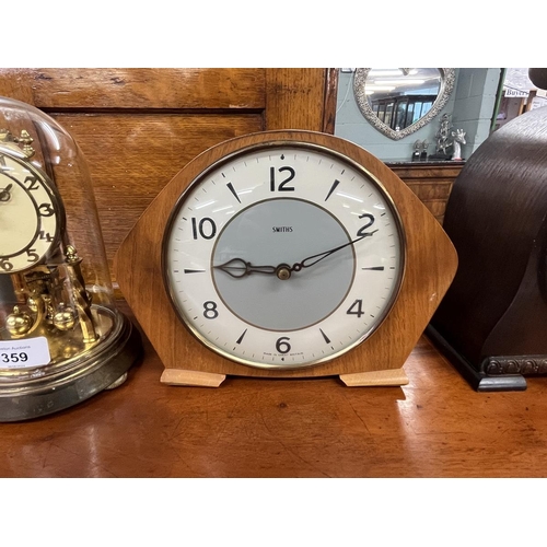 359 - 2 Smith's mechanical mantle clocks plus Hermle brass and glass Anniversary clock