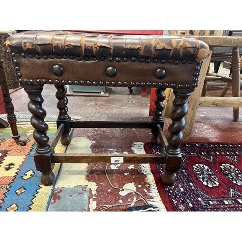 409 - Oak barley twist leather topped stool