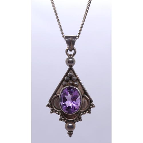 44 - Hallmarked silver necklace with amethyst pendant together with a hallmarked silver & amethyst ri... 