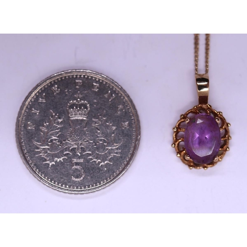 51 - 9ct gold amethyst pendent on 9ct gold chain