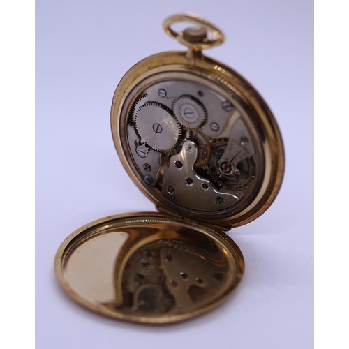 83 - 18ct gold cased pocket watch in working order (missing glass) - Approx gross weight 56g