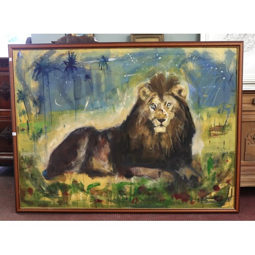 308 - Oil on canvas - Seated lion - Approx image size: 151cm x 111cm