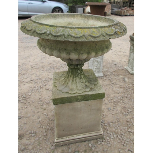 106 - Haddon Stone urn on plinth - Approx Height: 92cm Diameter: 64cm