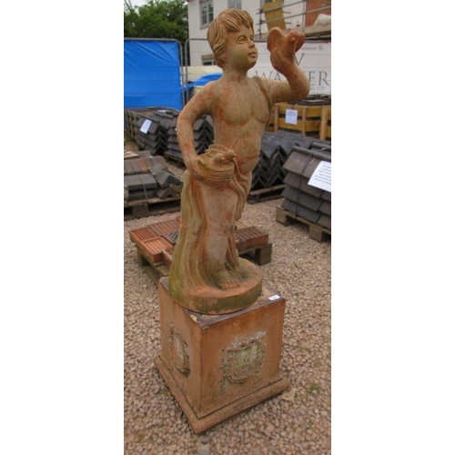 115 - Antique stone boy with a bird and birds nest on a genuine Victorian terracotta plinth - Approx Heigh... 