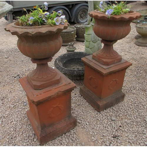 124 - Pair of unusual genuine Victorian terracotta urns on plinths - Approx Height: 97cm Diameter: 46cm
