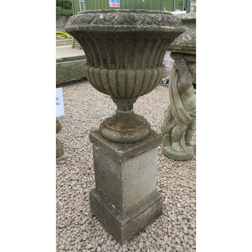 149 - Antique fluted urn on plinth - Approx Height: 102cm Diameter: 51cm