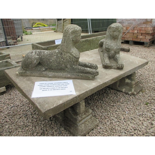 153 - Pair of stones Sphinxes on York stone plinths and carved leg base - Approx W: 153cm D: 76cm H: 81cm
