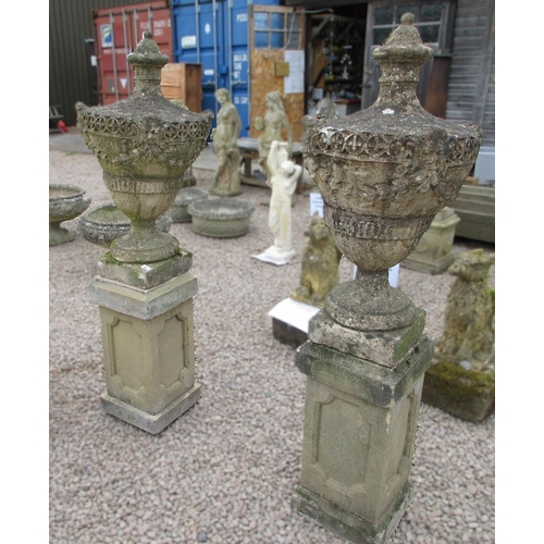 160 - Pair of large antique stone urns on plinths - Approx Height: 158cm