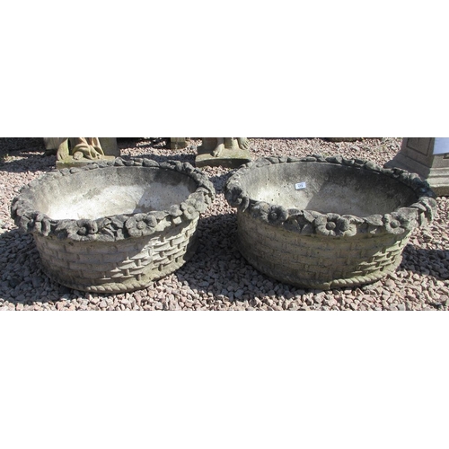 173 - Pair of round stone planters in the form of wicker baskets
