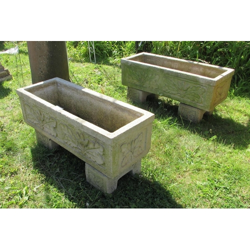 202 - Pair of rectangular stone planters on pedestal legs adorned with acorns and leaves