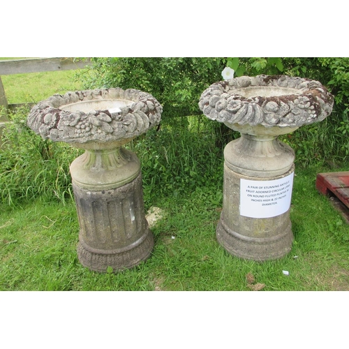 260 - Pair of stunning antique fruit adorned circular urns on round fluted plinths - Approx Height: 92cm  ... 