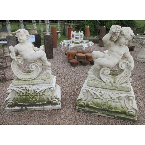 306 - 2 stone cherubs on stone plinths - Approx Length: 80cm Width: 42cm Height: 122cm