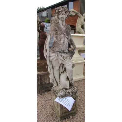 362 - Very well weathered reconstituted stone statue of Hunter and dog on plinth