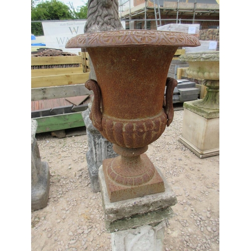 108 - Pair of small cast-iron urns on stone plinths - Approx Height: 101cm