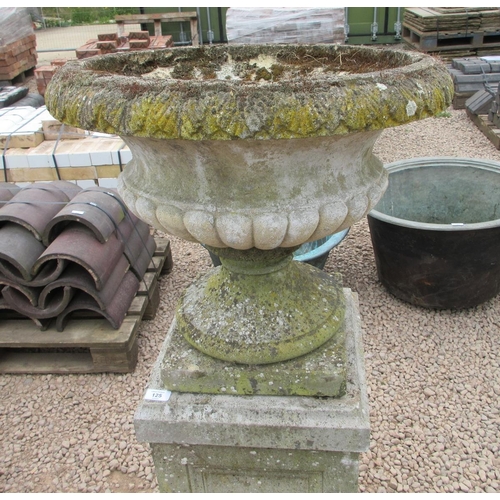 125 - Pair of antique reconstituted stone campagna urns on plinths - Approx Height: 127cm Diameter: 56cm