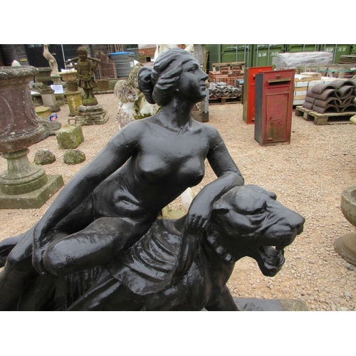 135 - Cast iron figure of a Ariadne reclining on a tiger on stone base - Approx W: 140cm D: 61cm H: 122cm