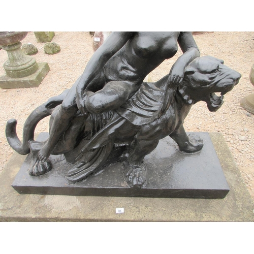 135 - Cast iron figure of a Ariadne reclining on a tiger on stone base - Approx W: 140cm D: 61cm H: 122cm