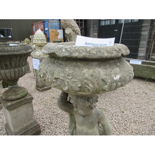 148 - Antique stone putti holding an urn - Approx Height: 107cm Diameter: 56cm