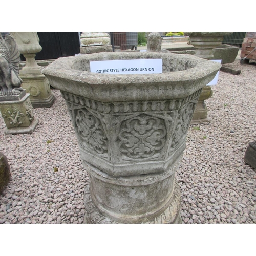 150 - Gothic style urn on round fluted plinth - Approx Height: 76cm Diameter: 51cm