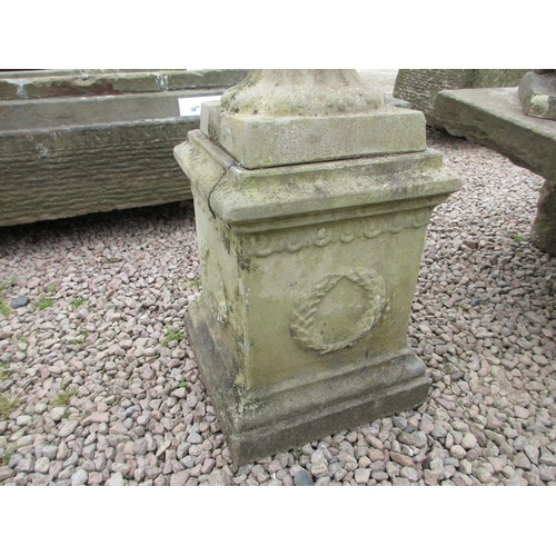 157 - Pair of reconstituted stone swaggered urns on plinths - Approx Height: 97cm Diameter: 43cm