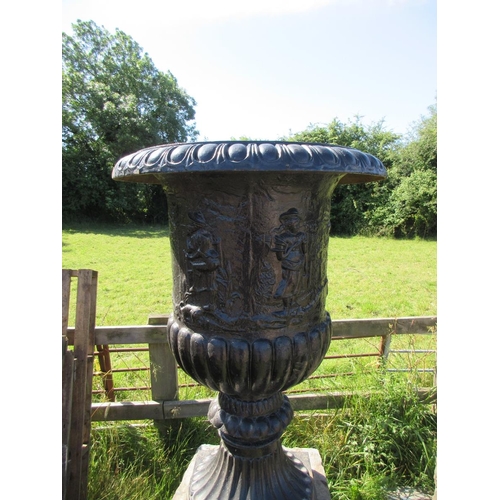 190 - Huge heavy cast iron patterned campana urns 66 inches tall x 30 inch diameter On stone corbelled nat... 