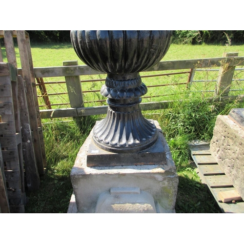 190 - Huge heavy cast iron patterned campana urns 66 inches tall x 30 inch diameter On stone corbelled nat... 
