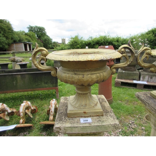 250 - Pair of Victorian miniature cast iron urns on stone Roman Greco column plinths