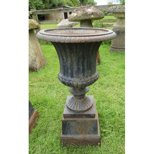 254 - A set of 3 fluted cast-iron urns on pedestals - Approx Height: 72cm  Diameter: 41cm