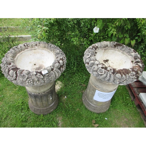 260 - Pair of stunning antique fruit adorned circular urns on round fluted plinths - Approx Height: 92cm  ... 