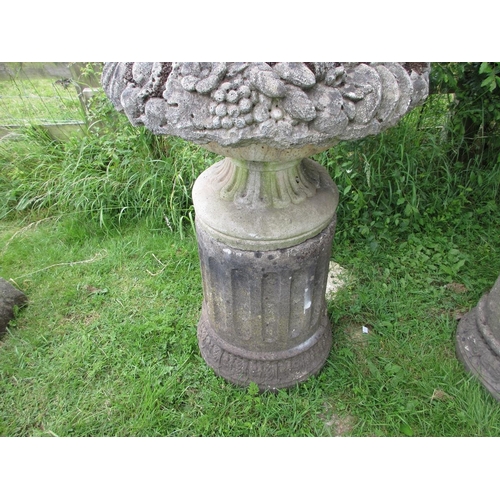 260 - Pair of stunning antique fruit adorned circular urns on round fluted plinths - Approx Height: 92cm  ... 