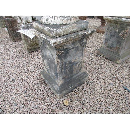 359 - Stunning pair of stone handled lid, well weathered urns on plinths - Approx Height: 179cm  Width: 77... 