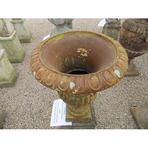 360 - Antique large, impressive well weathered cost iron urn on plinth - Approx Height: 127cm  Width: 72cm