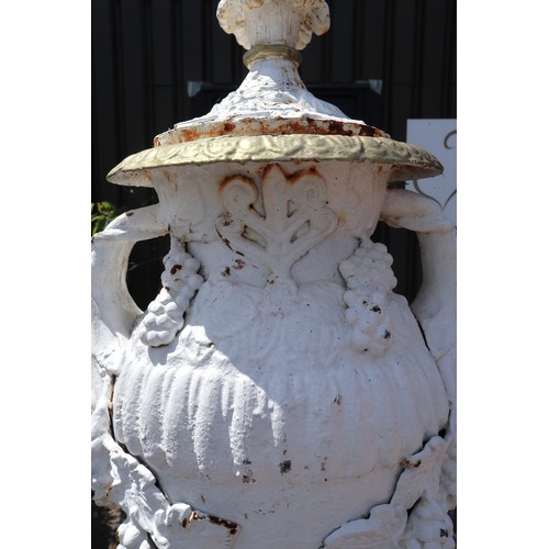 348 - Pair of cast iron Victorian lidded earns on square base pedestals - Approx Height: 175cm