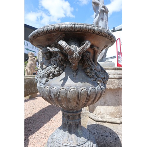 353 - Stunning pair of antique bronze urns adorned with rams heads, naked ladies and garland of flowers - ... 