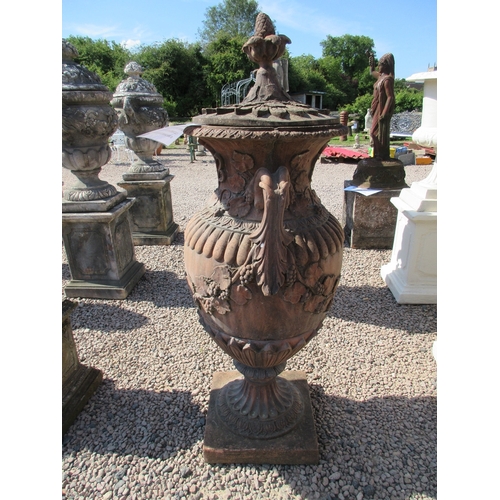 361 - Beautifully stunning pair of genuine antique terracotta lidded handled urns adorned with vines leave... 