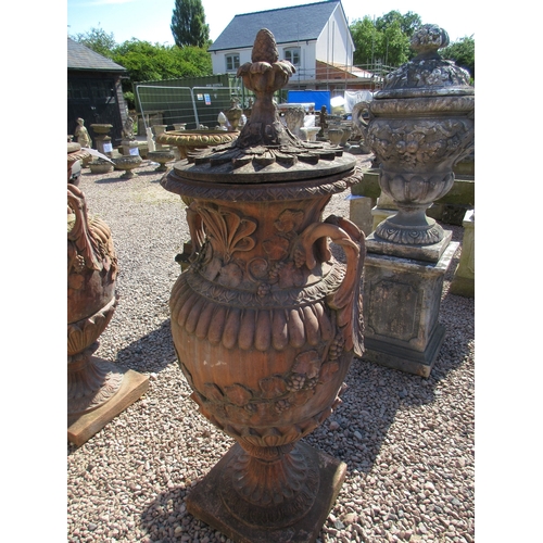 361 - Beautifully stunning pair of genuine antique terracotta lidded handled urns adorned with vines leave... 