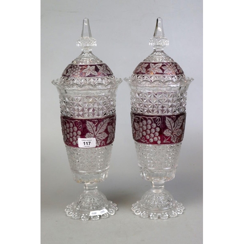 117 - Pair of large glass vases with lids - grapevine pattern - Approx height: 44cm