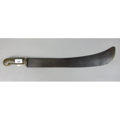 148 - Mid 20th C. green horn handled military machete, with indistinct makers marks to blade