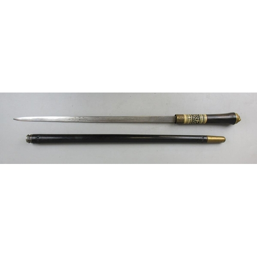 156 - Victorian ebonised with bone inlay, single edged swagger swordstick.