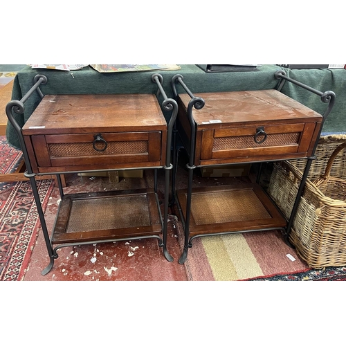 210 - 2 bedside tables with wrought iron frames & bergere panels