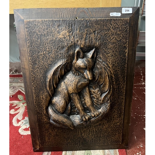 256 - Carved wooden fox picture - Approx 47cm x 68cm