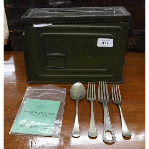 377 - WW2 30mm cal Ammunition box together with military issue forks and spoons along with RAF sergeants m... 