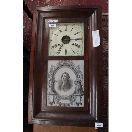 436 - American 1850's Waterbury 8 day Ogee mantle wall clock with reverse painted George Washington