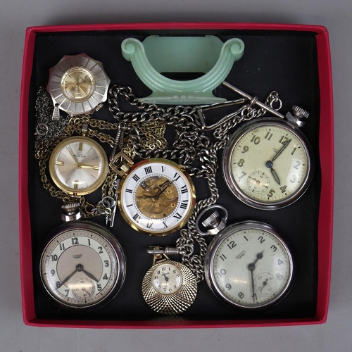 82 - 3 working pendant/fob watches on chains by Ancre,Sekonda and a skeleton version, plus non working Bu... 