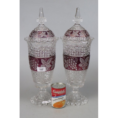 117 - Pair of large glass vases with lids - grapevine pattern - Approx height: 44cm